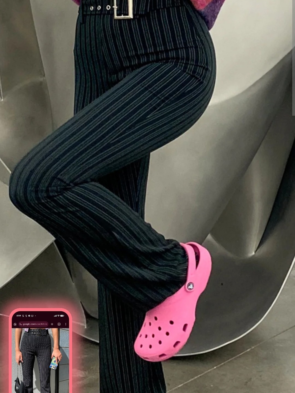 Striped Black High-Waist Pants With Attached Belt